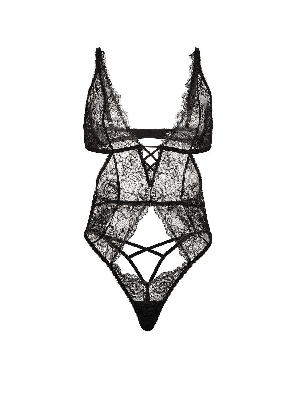 Rose Lace Plunge Crotchless Teddy