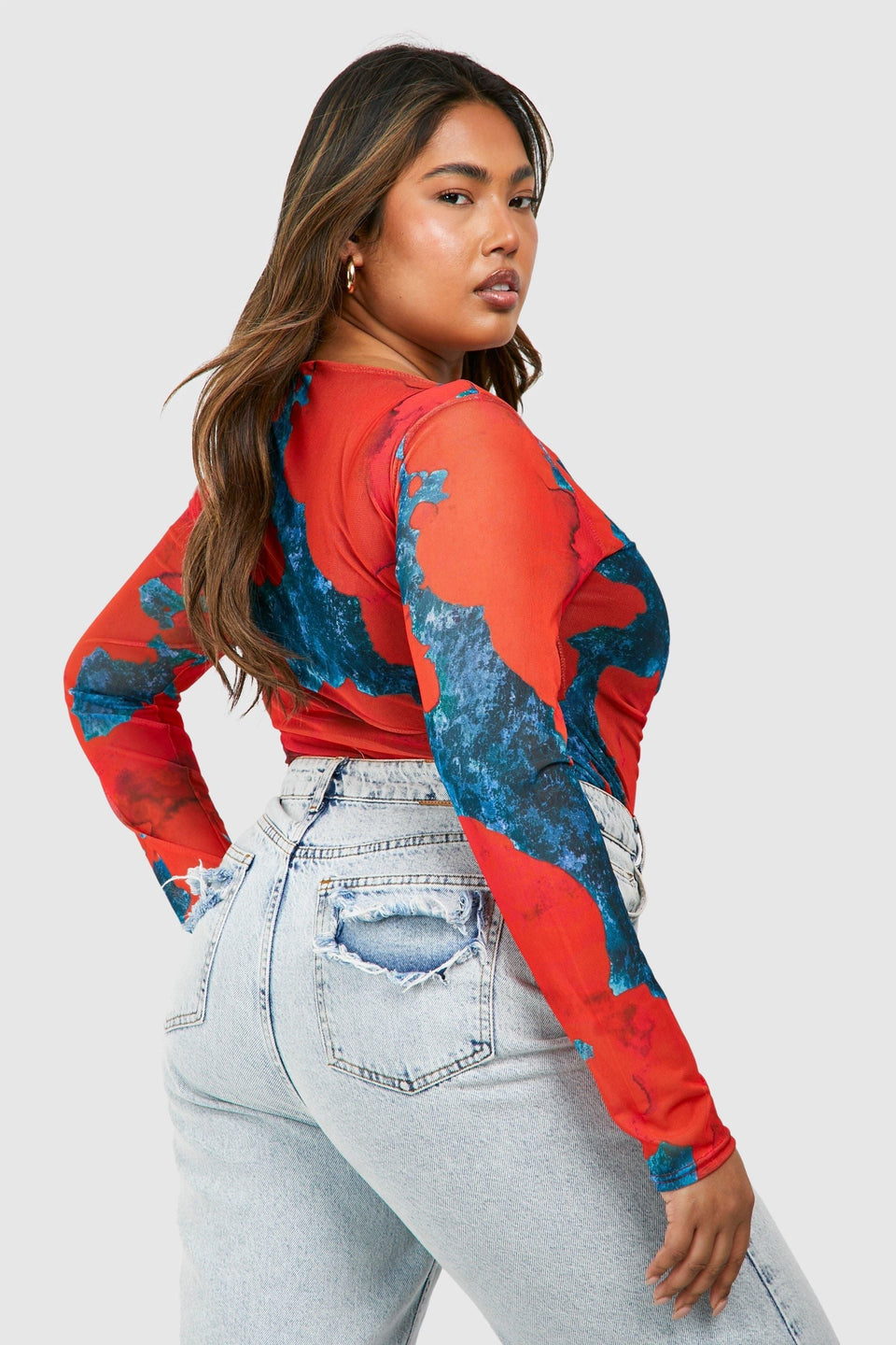 Plus Abstract Mesh Long Sleeve Bodysuit
