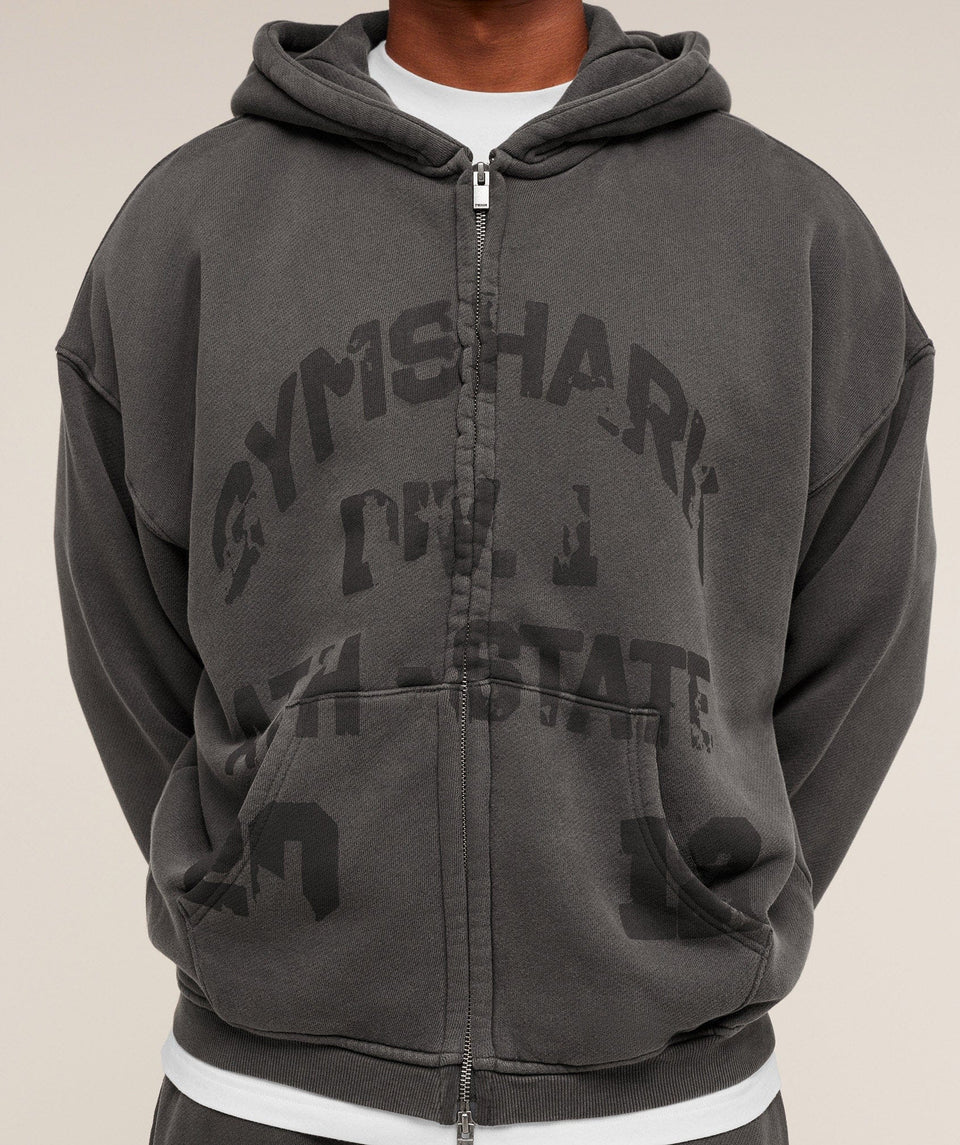 Gymshark Collegiate Washed Zip Up Hoodie - Asphalt Grey