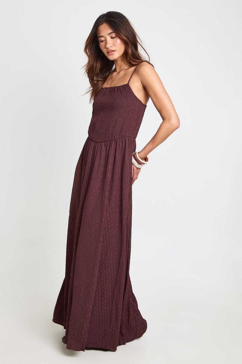 Textured Square Neck Shirred Bodice Maxi Dress
