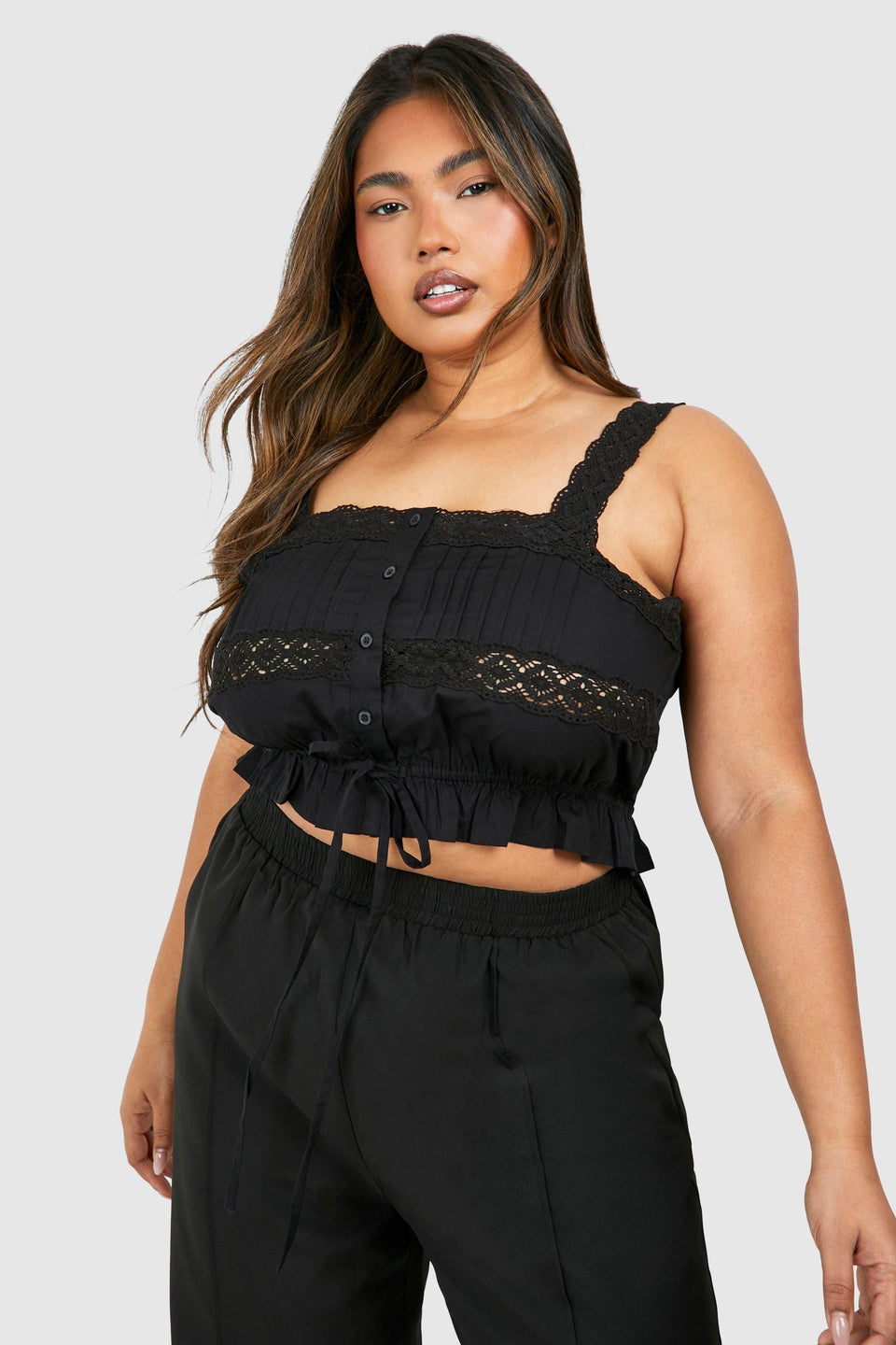 Plus Cotton Lace Detail Strappy Crop Top