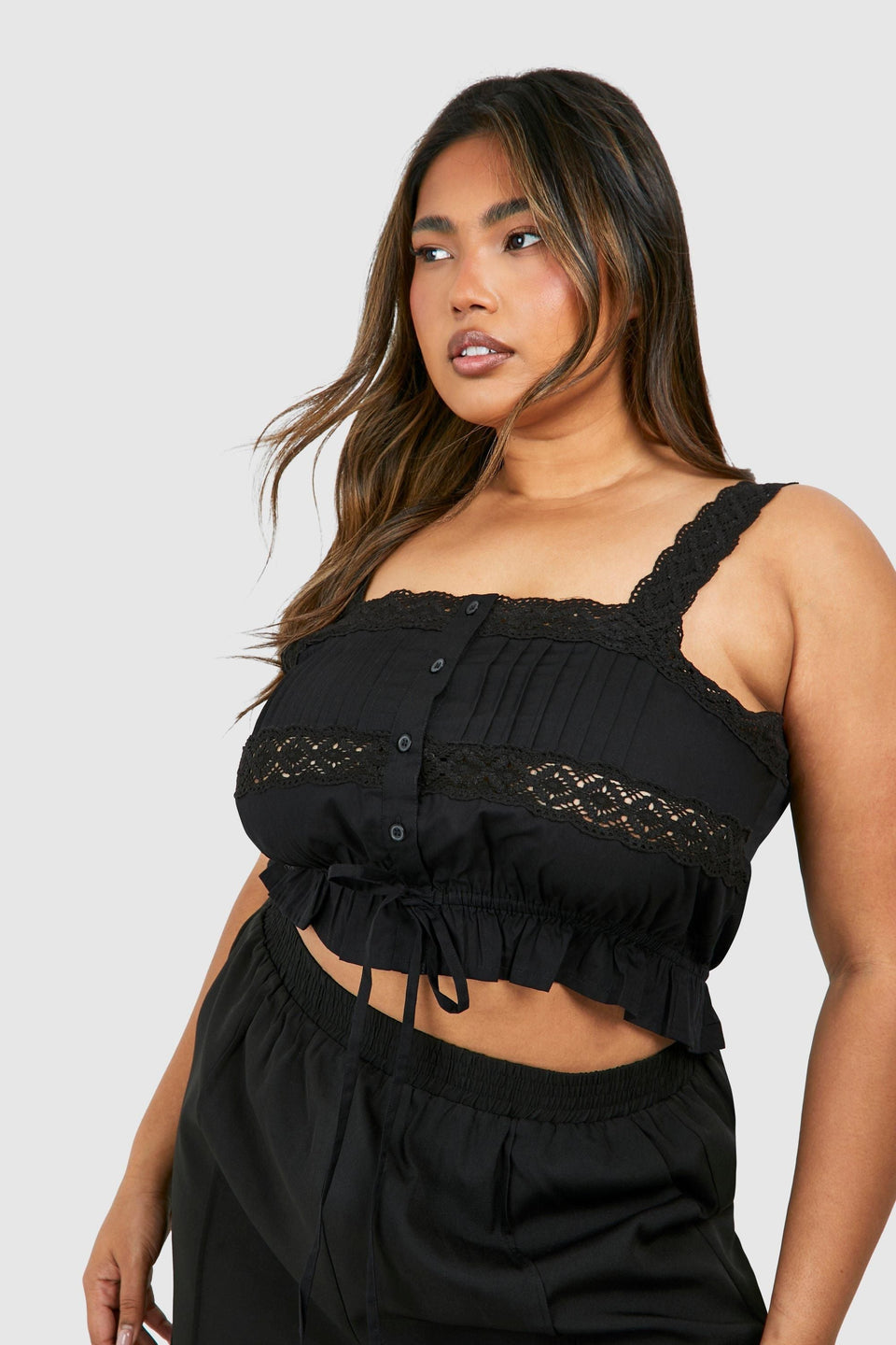 Plus Cotton Lace Detail Strappy Crop Top