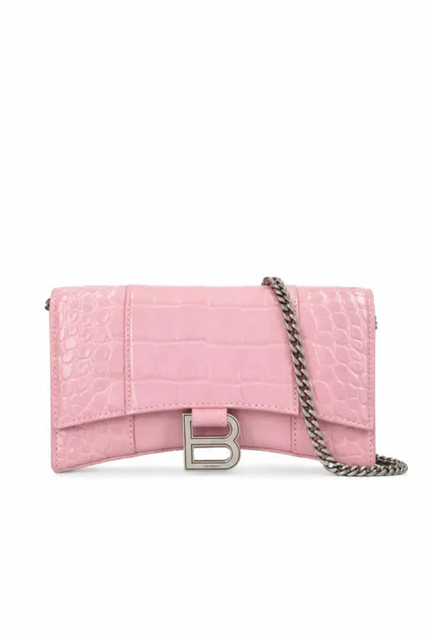 BALENCIAGA Hourglass Croc leather wallet on chain Pink