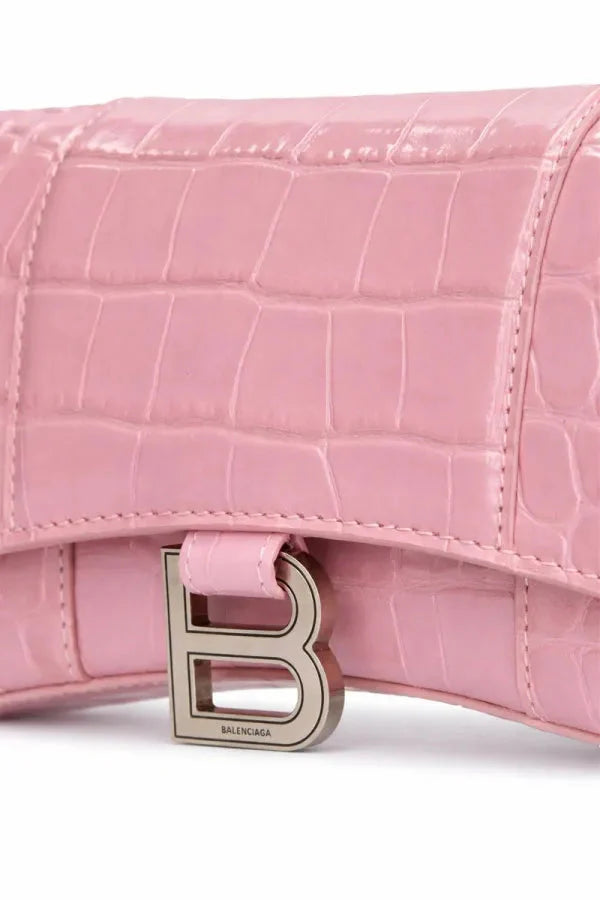 BALENCIAGA Hourglass Croc leather wallet on chain Pink