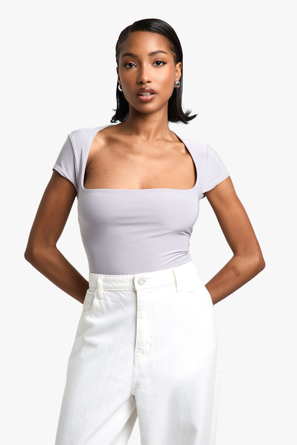 Double Layer Slinky Square Neck Cap Sleeve Bodysuit