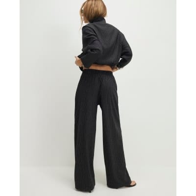 Grey Pinstripe Elastic Wide Leg Trousers