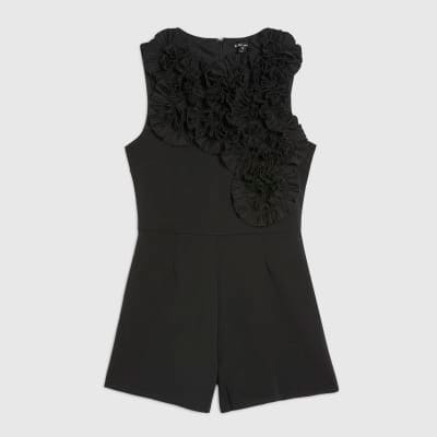 Black Sleeveless 3D Plisse Ruffle Playsuit