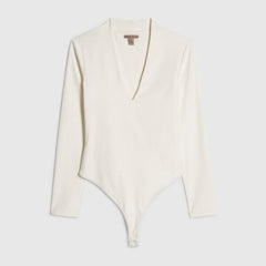 White Plunge Neckline Long Sleeve Bodysuit