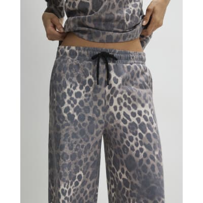 Beige Leopard Drawstring Wide Leg Joggers