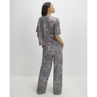 Beige Leopard Drawstring Wide Leg Joggers