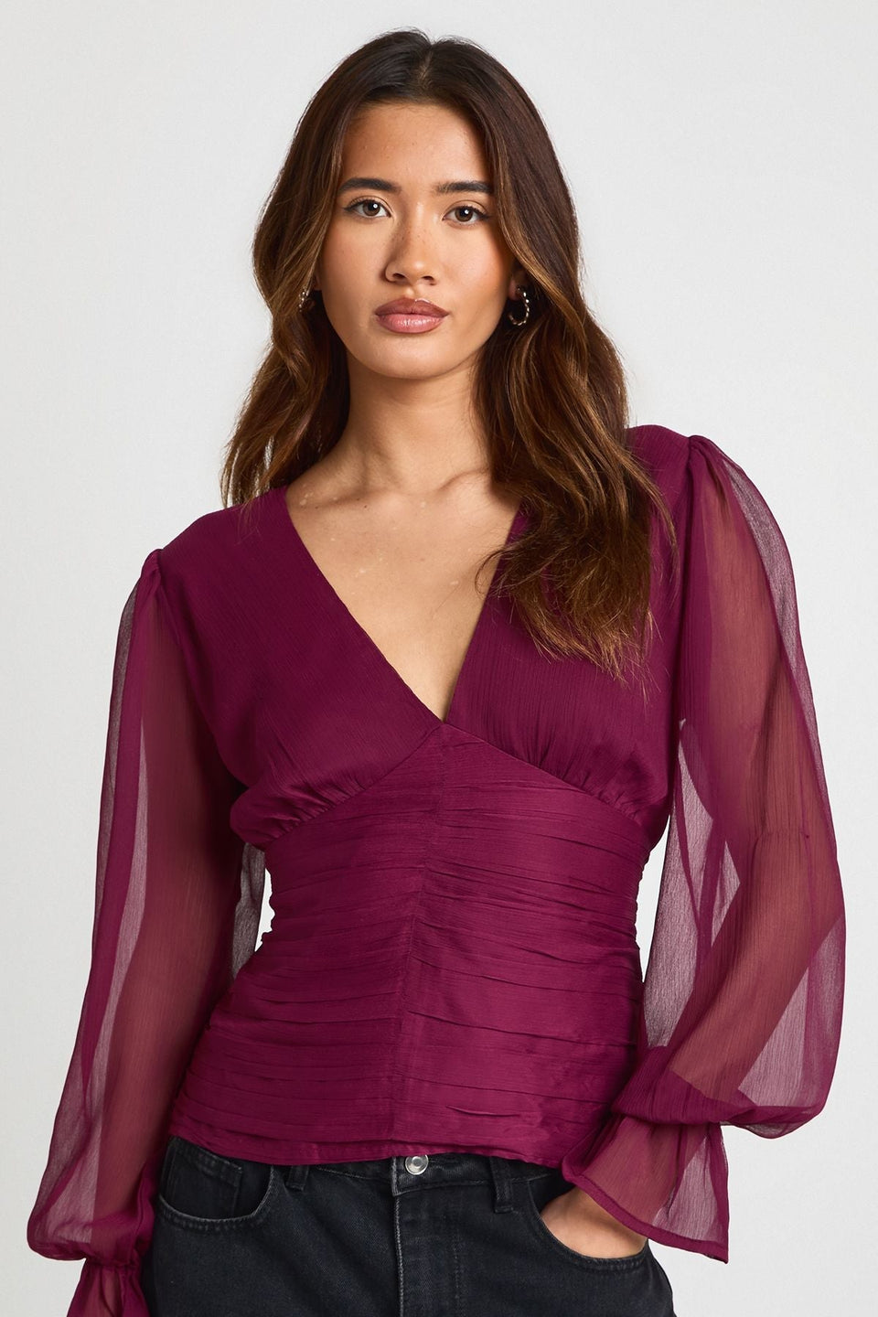 Chiffon V Neck Long Sleeve Top