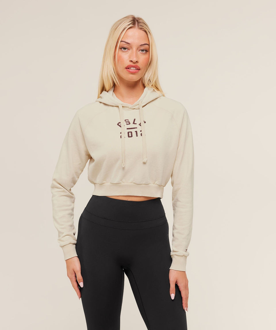 Gymshark Gymshark Lifting Club 2012 Graphic Cropped Hoodie - Stone Beige/Wash
