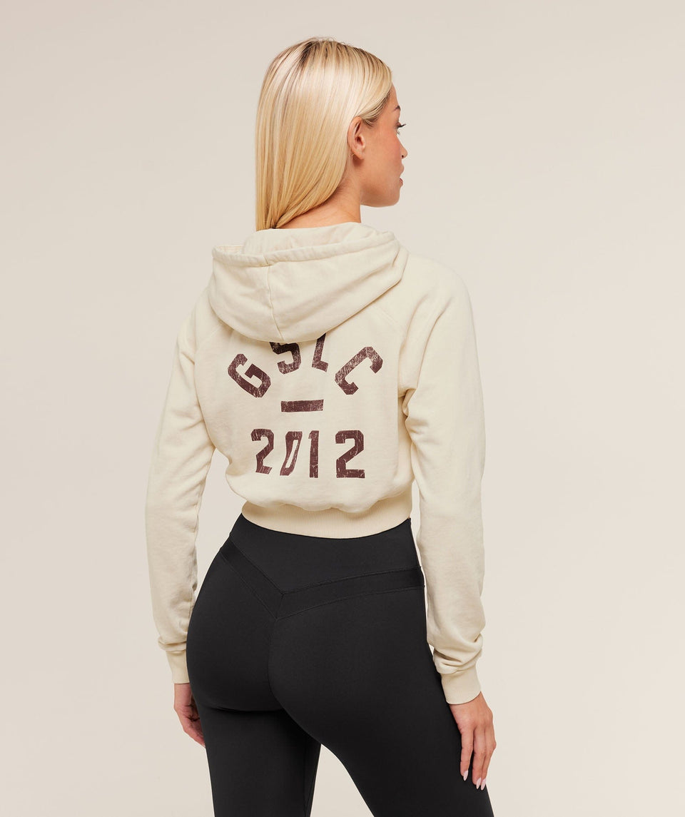 Gymshark Gymshark Lifting Club 2012 Graphic Cropped Hoodie - Stone Beige/Wash
