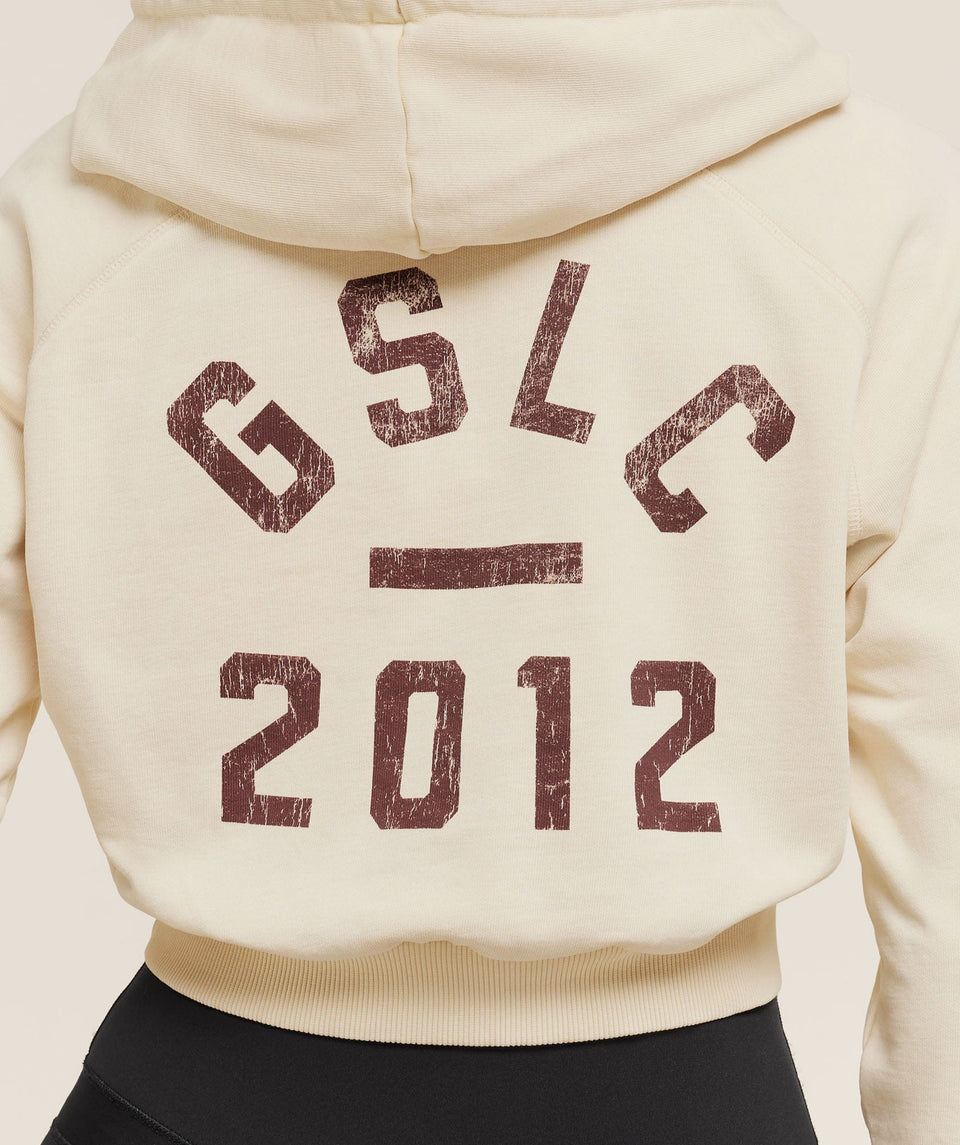 Gymshark Gymshark Lifting Club 2012 Graphic Cropped Hoodie - Stone Beige/Wash