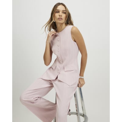 Pink Sleeveless Striped Longline Waistcoat