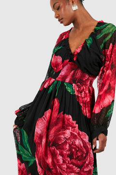 Tall Floral Print Dobby Shirred Maxi Dress
