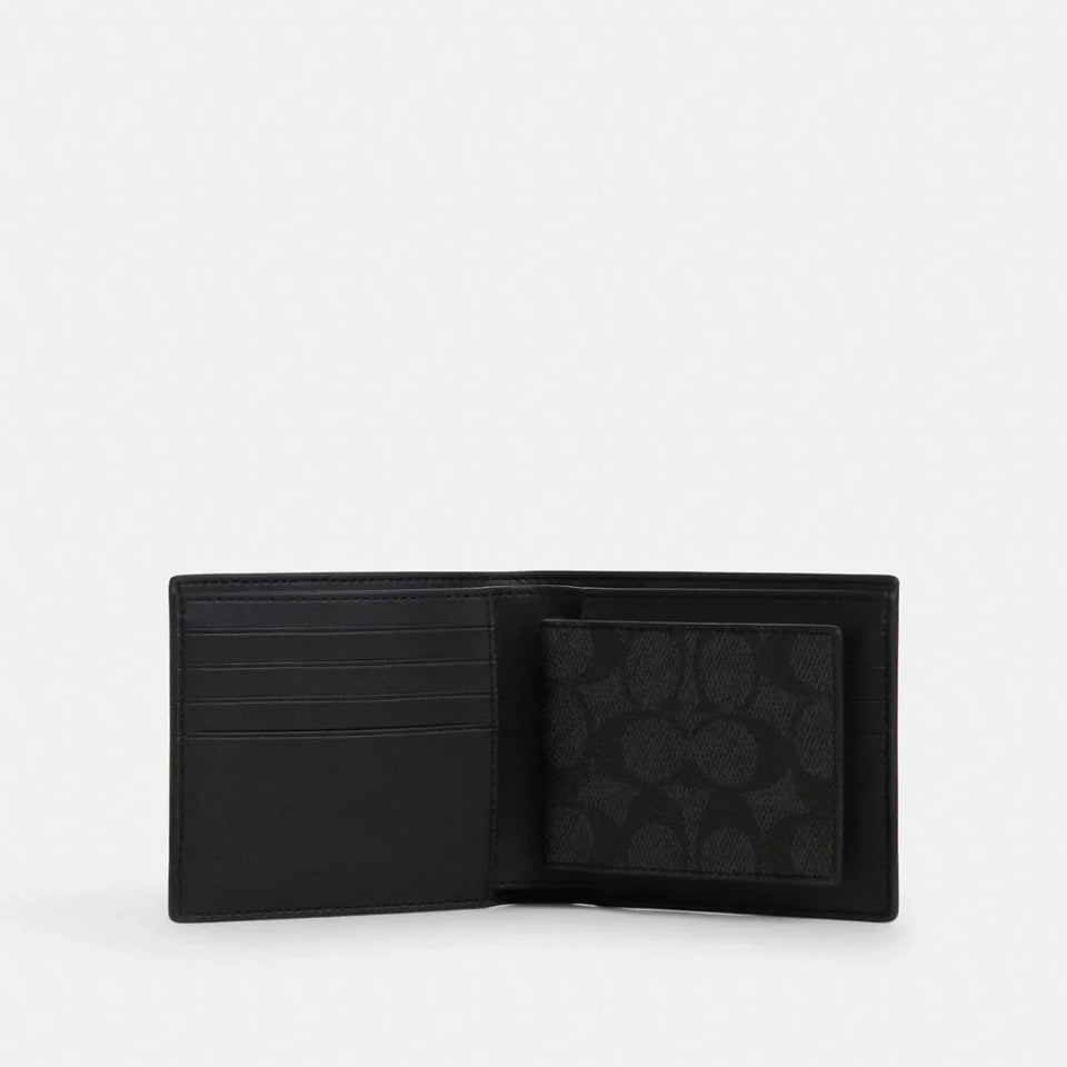 Coach Boxed 3 In 1 Wallet Gift Set In Signature Canvas Gunmetal Charcoal Black