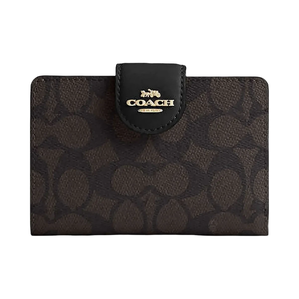 Coach Medium Corner Zip Wallet In Signature Canvas Signature Canvas-Gold-Walnut-Black