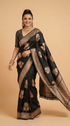 Noir Heritage Banarasi Silk Saree With Antique Gold Zari