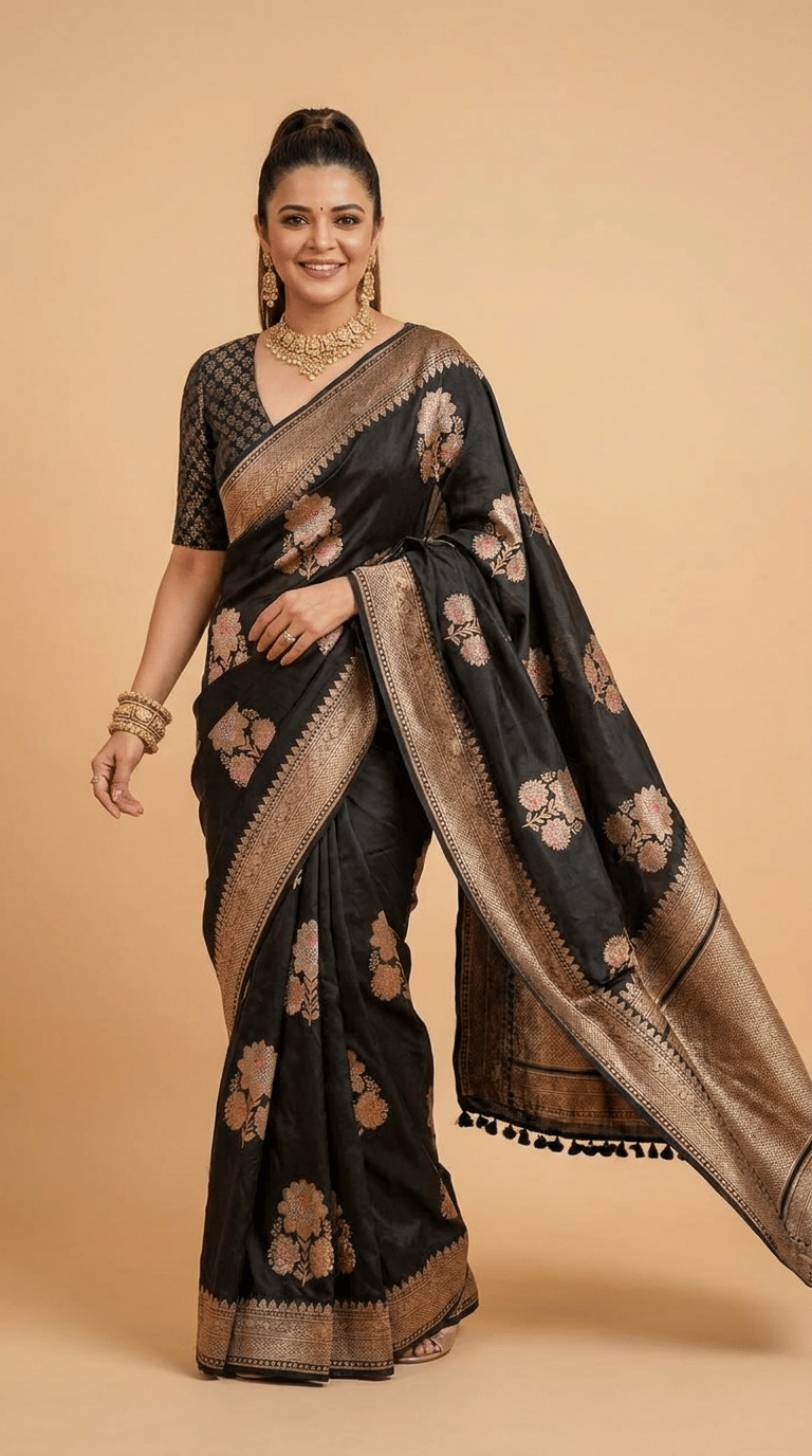 Noir Heritage Banarasi Silk Saree With Antique Gold Zari