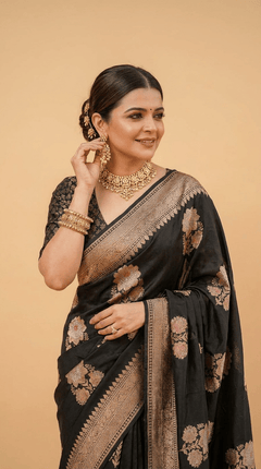 Noir Heritage Banarasi Silk Saree With Antique Gold Zari