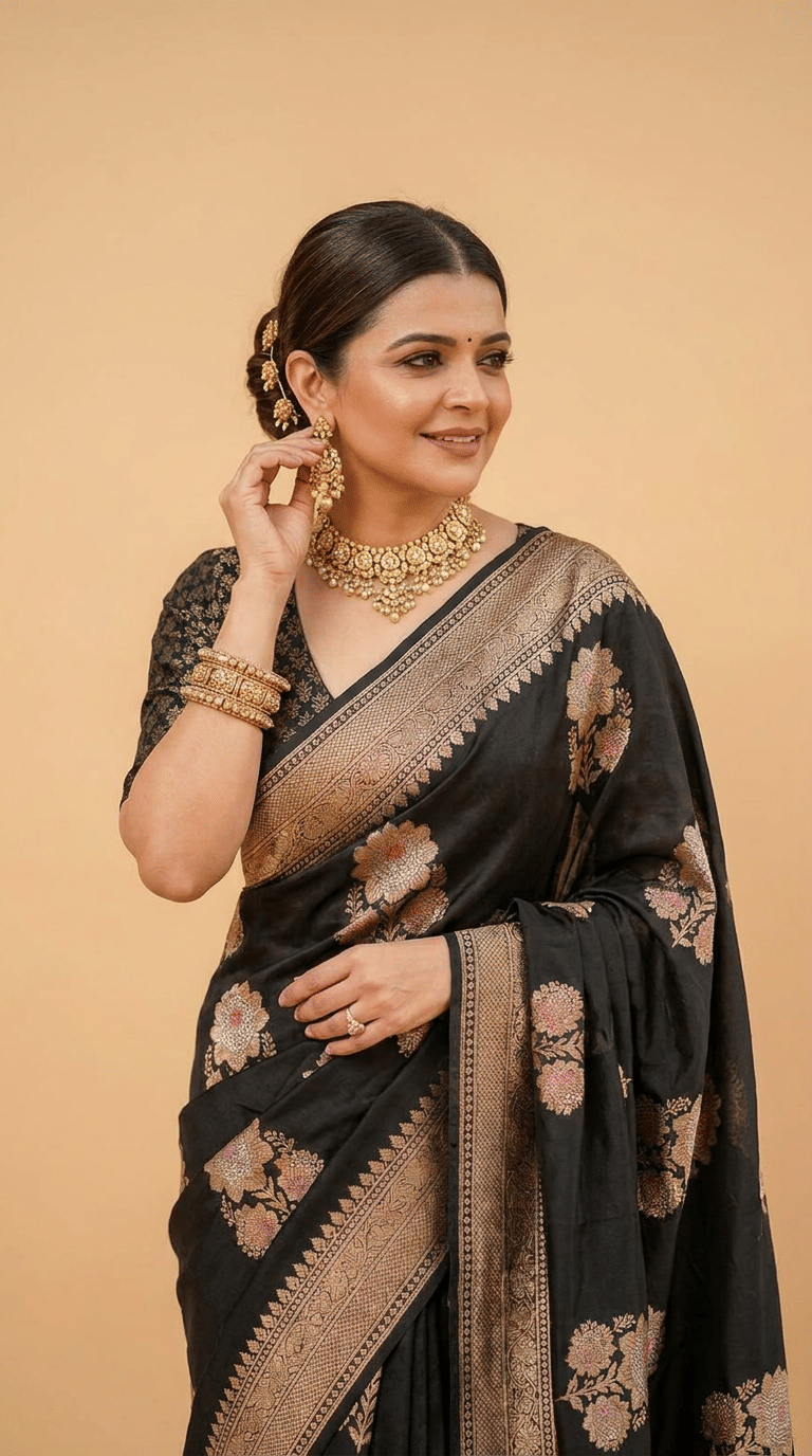Noir Heritage Banarasi Silk Saree With Antique Gold Zari