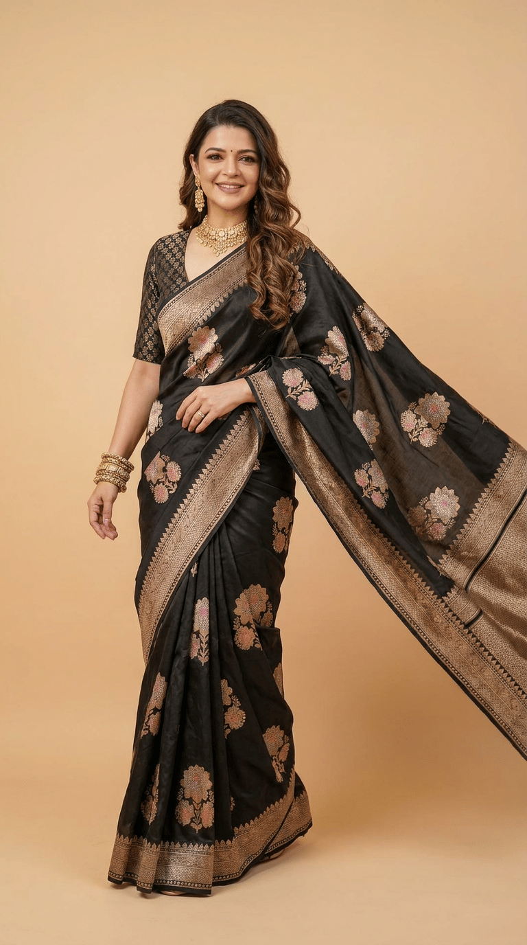 Noir Heritage Banarasi Silk Saree With Antique Gold Zari
