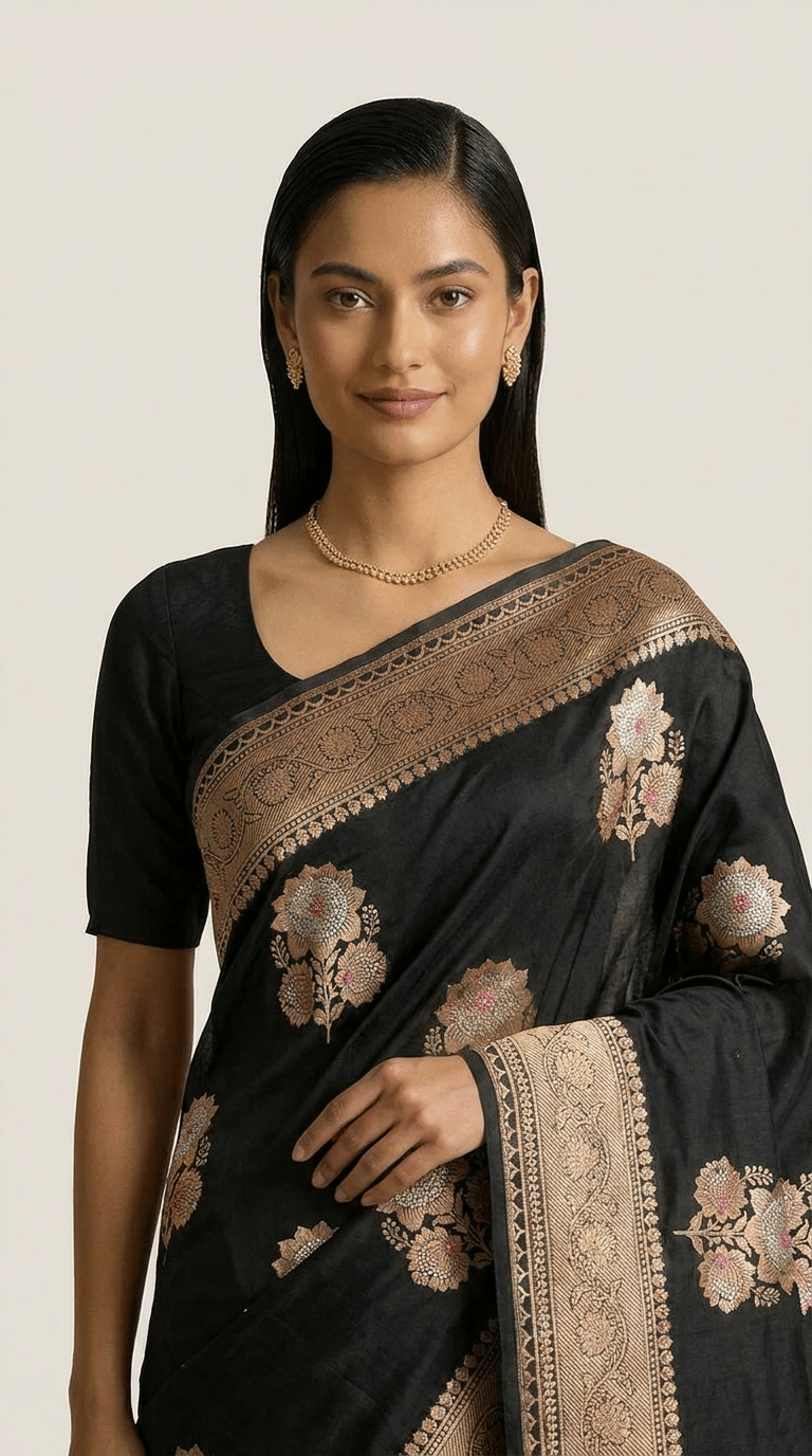 Noir Heritage Banarasi Silk Saree With Antique Gold Zari