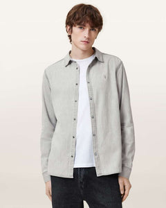 AllSaints Gleason Press Stud Ramskull Denim Shirt Grey