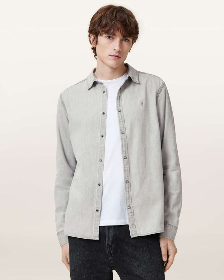 AllSaints Gleason Press Stud Ramskull Denim Shirt Grey