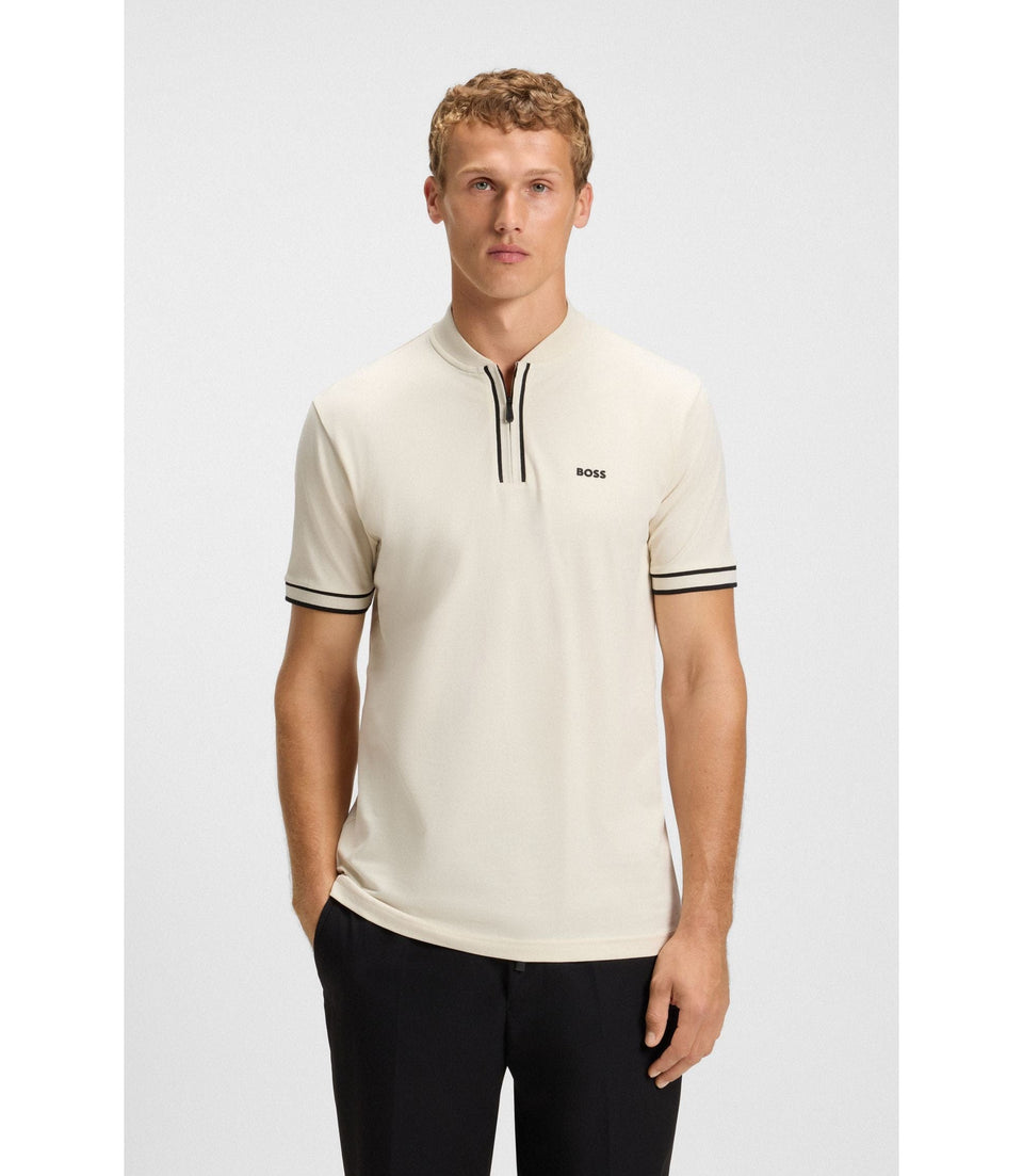 Boss Zip Neck Polo Shirt In Stretch Cotton Piqu White