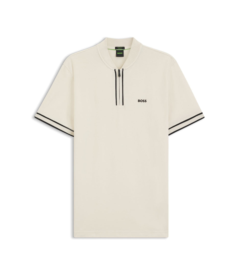 Boss Zip Neck Polo Shirt In Stretch Cotton Piqu White