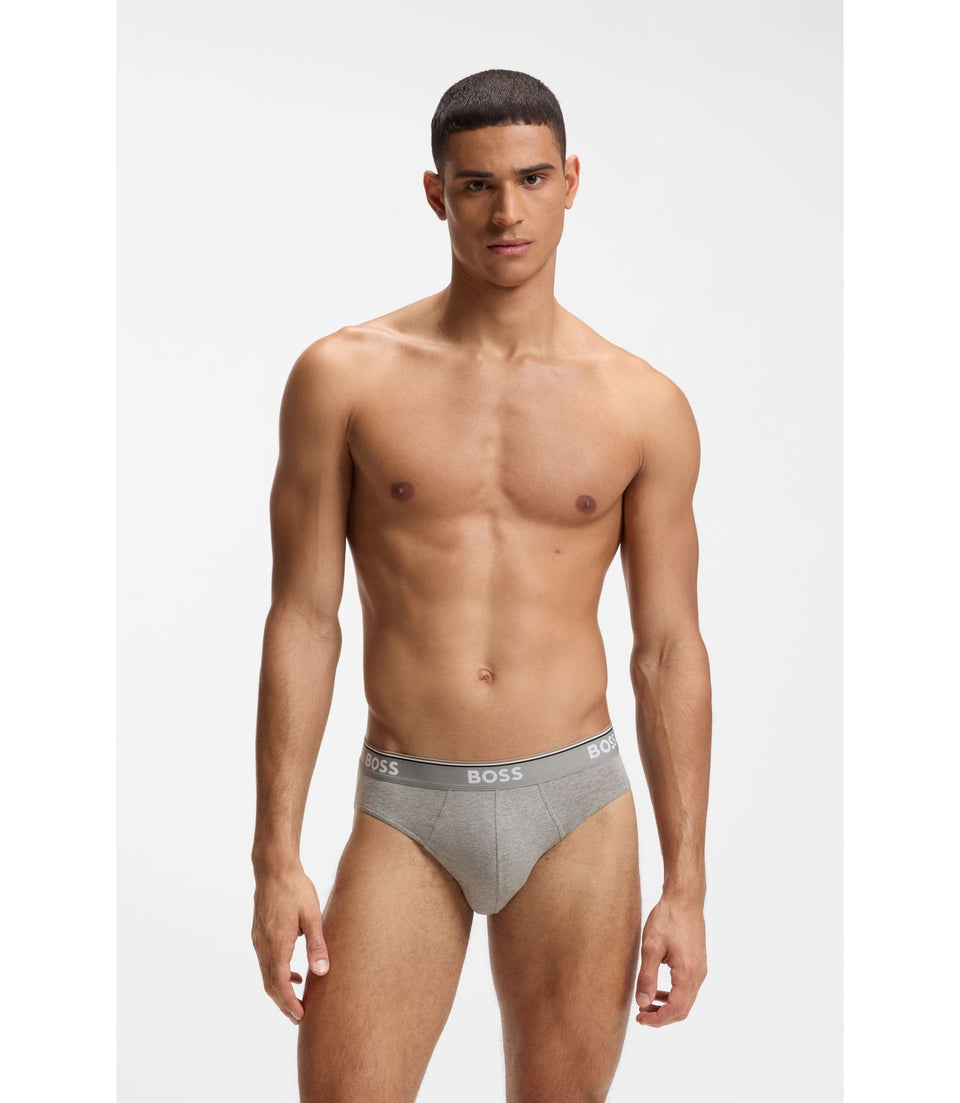 Boss Three Pack Of Stretch Cotton Briefs With Logo Waistband Light Grey