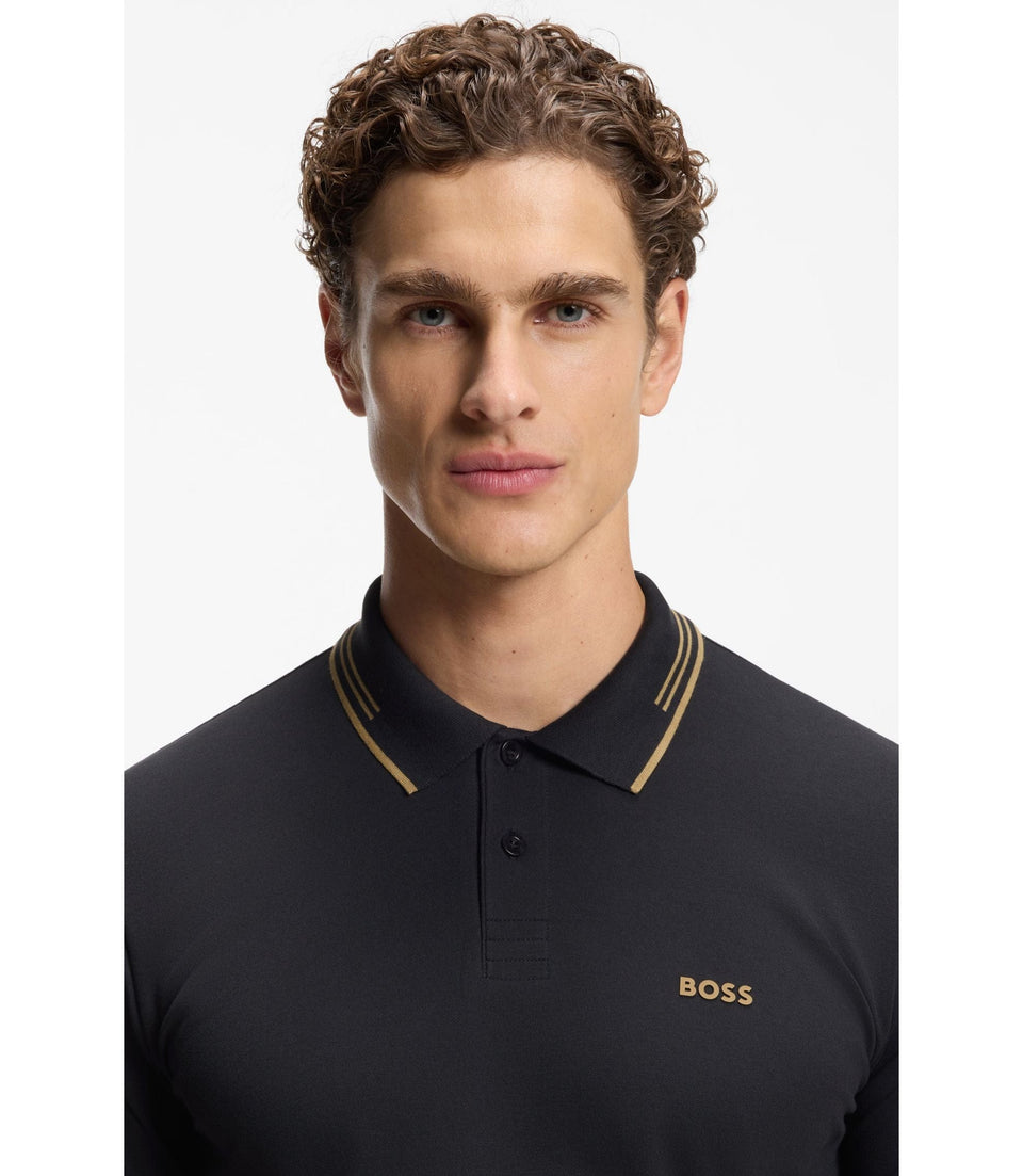 Boss Stretch Cotton Slim Fit Polo Shirt With Branding And Stripes Dark Blue