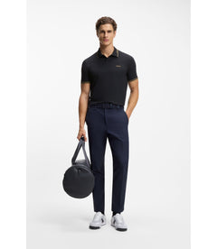 Boss Stretch Cotton Slim Fit Polo Shirt With Branding And Stripes Dark Blue