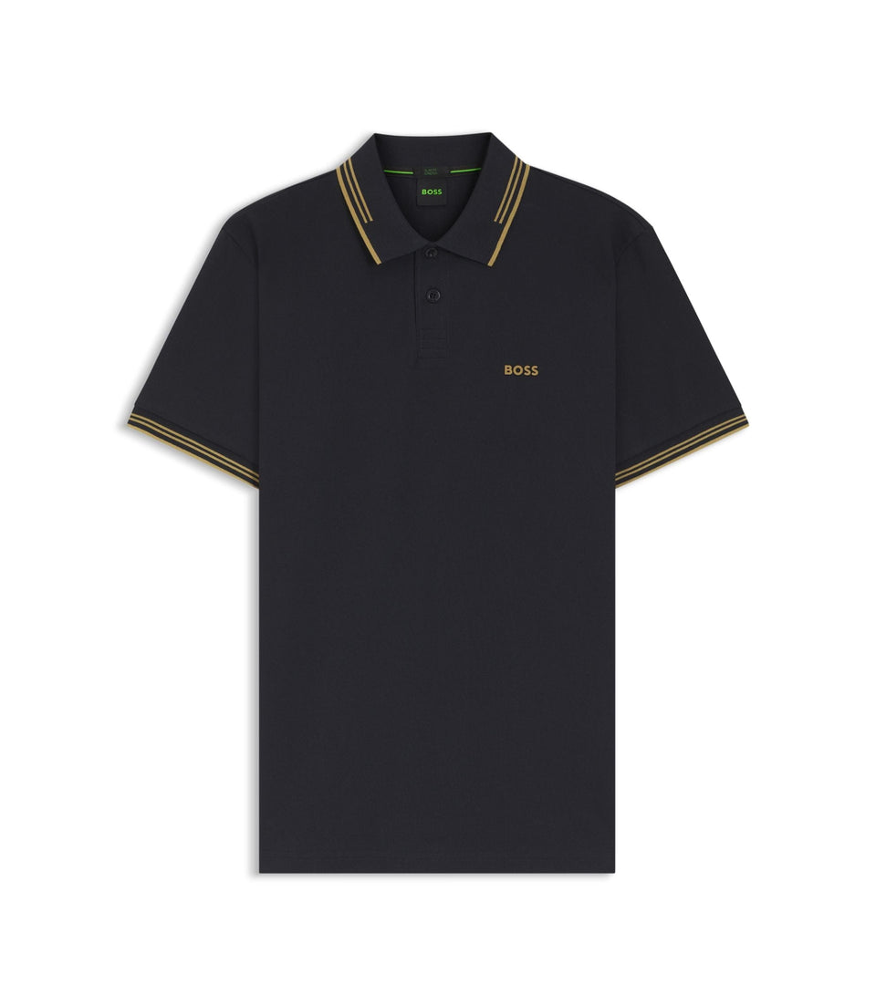Boss Stretch Cotton Slim Fit Polo Shirt With Branding And Stripes Dark Blue
