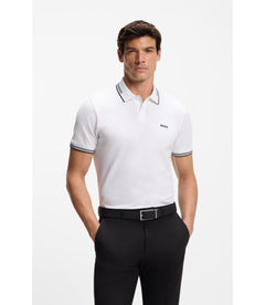 Boss Stretch Cotton Slim Fit Polo Shirt With Branding And Stripes White
