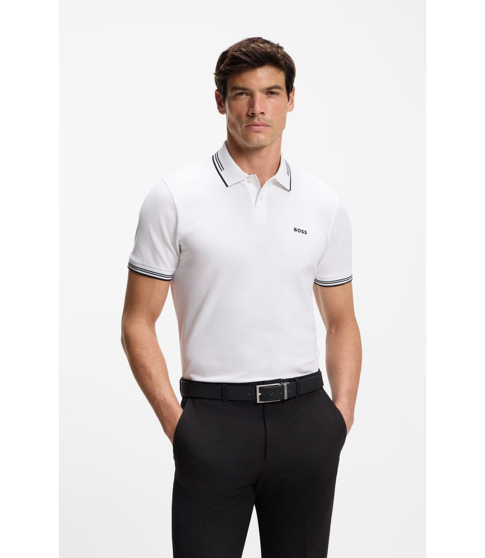 Boss Stretch Cotton Slim Fit Polo Shirt With Branding And Stripes White