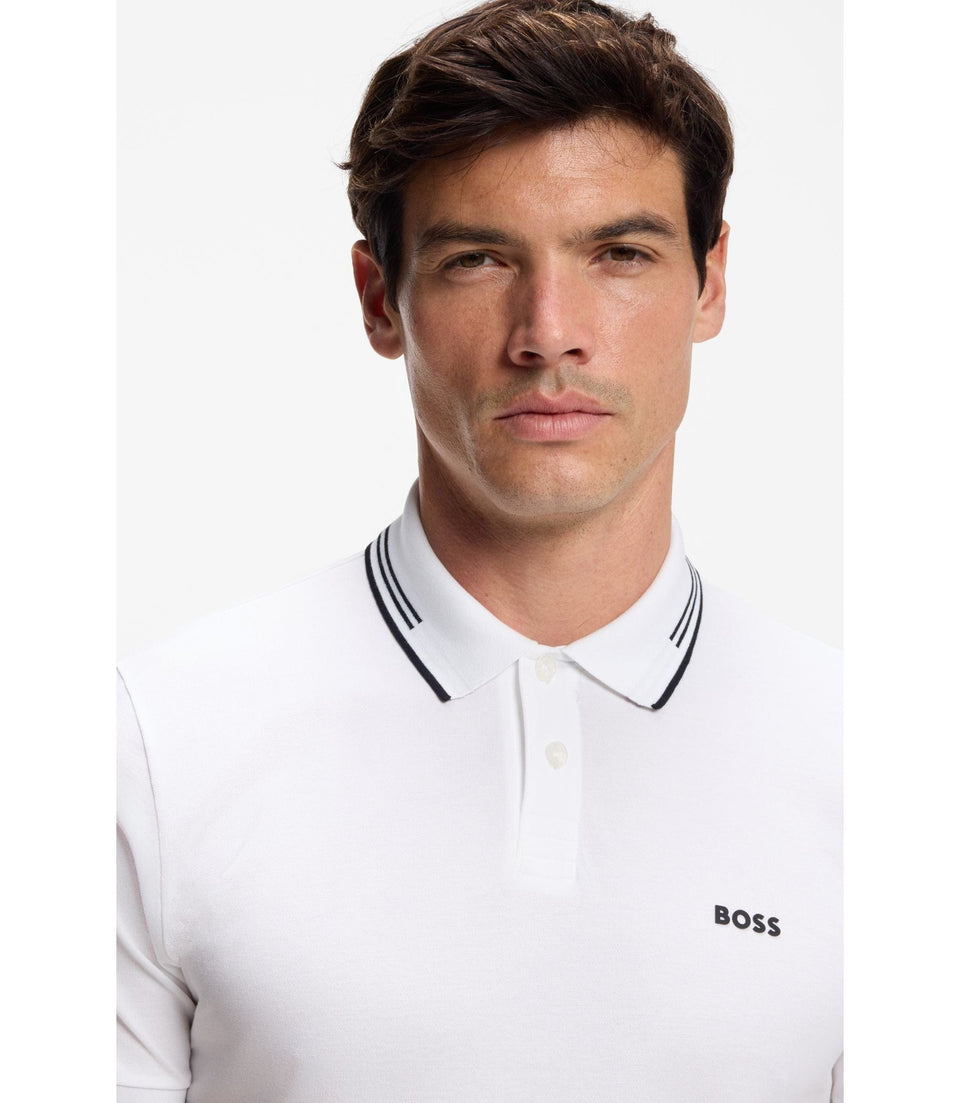 Boss Stretch Cotton Slim Fit Polo Shirt With Branding And Stripes White