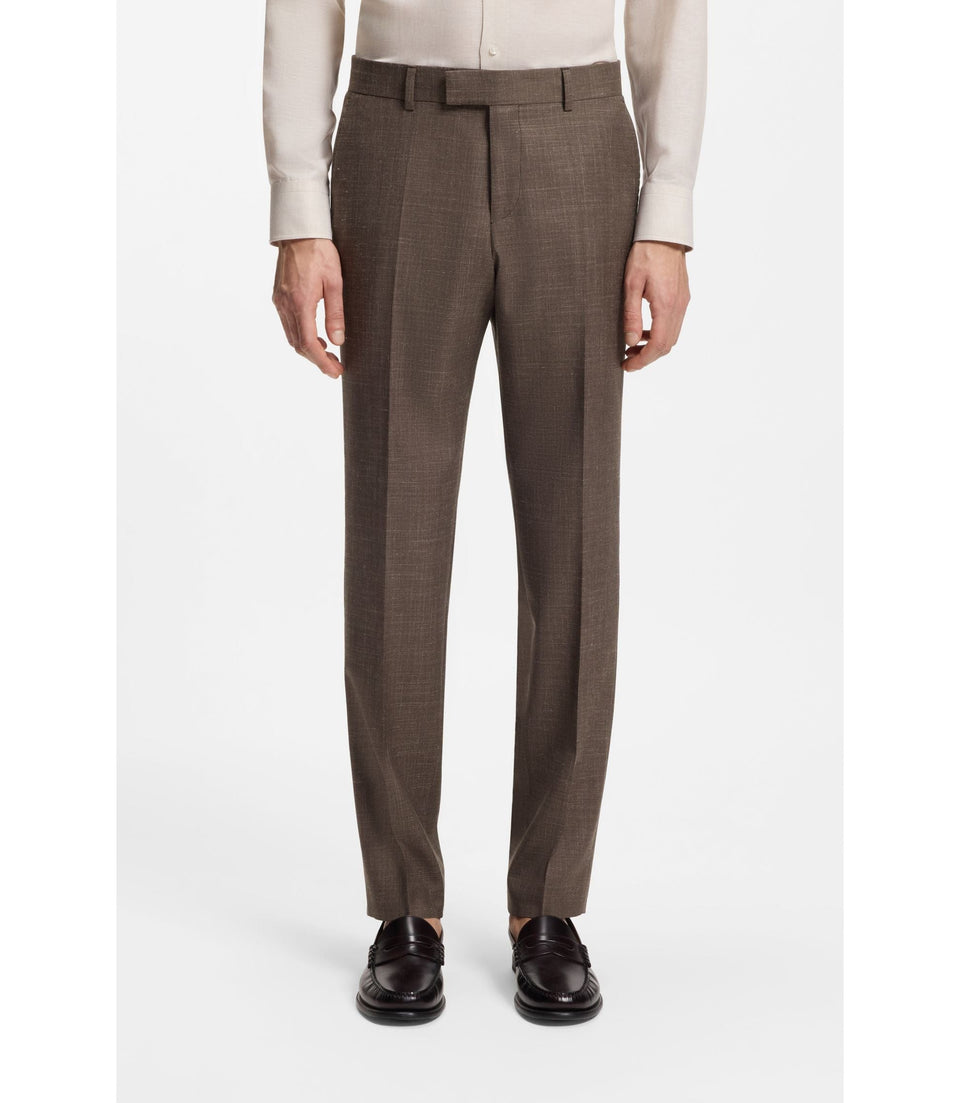 Boss Slim Fit Trousers In Virgin Wool Silk And Linen Dark Brown