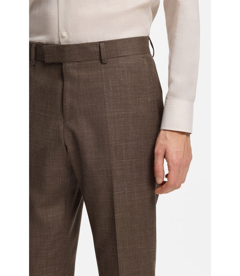 Boss Slim Fit Trousers In Virgin Wool Silk And Linen Dark Brown