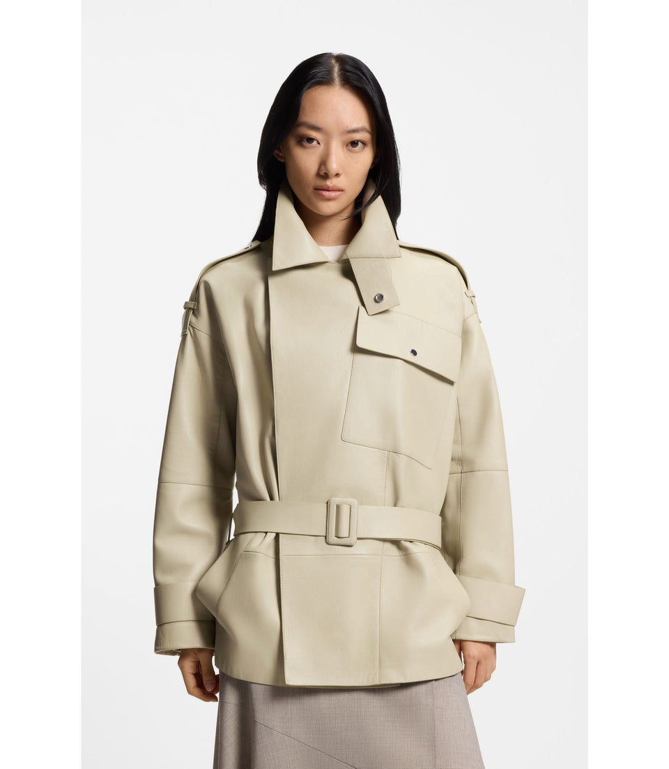 Boss Short Trench Coat In Leather Light Beige Women's