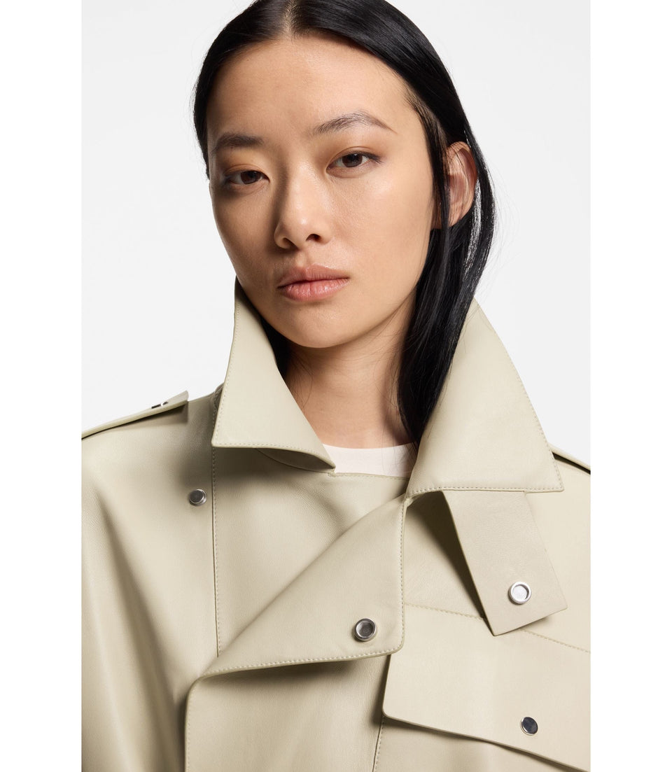 Boss Short Trench Coat In Leather Light Beige Women's