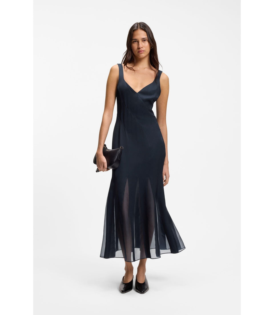 Boss Satin Slip Dress With Organza Inserts Dark Blue Women's
