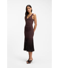 Boss Rib Knit Dress With Sheer Pleating Dark Brown Women's