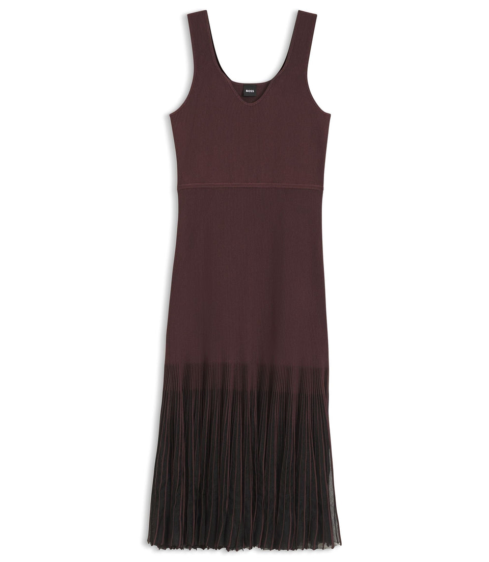 Boss Rib Knit Dress With Sheer Pleating Dark Brown Women's