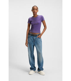 Hugo Rhinestone Logo Slim Fit T-Shirt In Stretch Cotton Purple Women's
