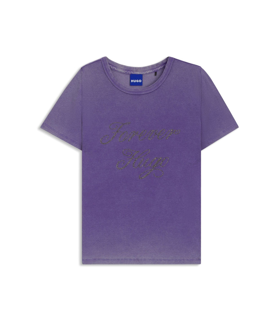 Hugo Rhinestone Logo Slim Fit T-Shirt In Stretch Cotton Purple Women's