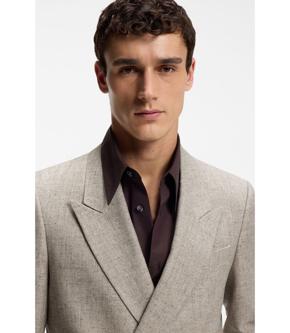 Boss Relaxed Fit Double Breasted Blazer With Micro Pattern Light Beige