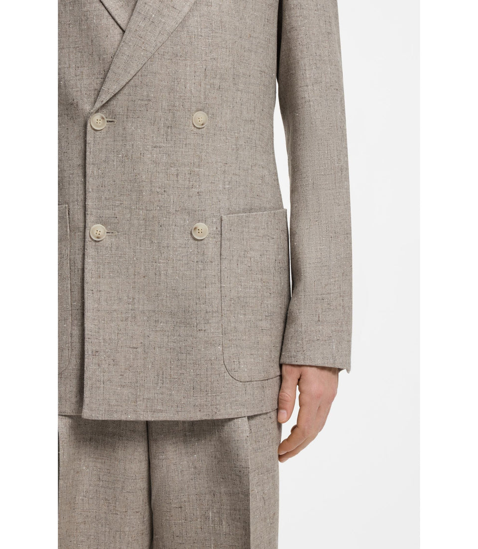 Boss Relaxed Fit Double Breasted Blazer With Micro Pattern Light Beige